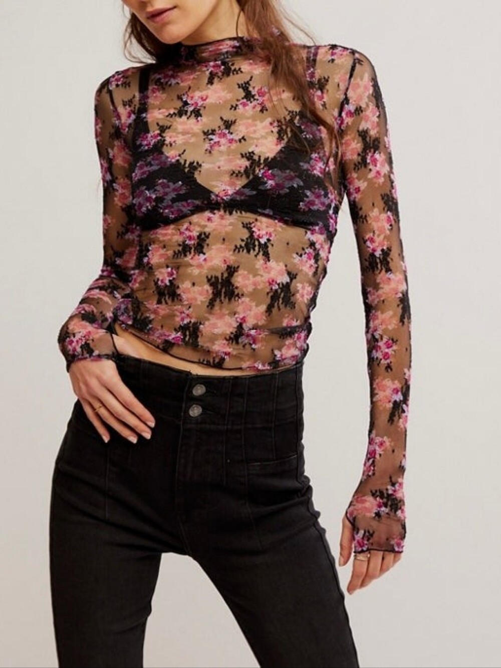 Free People Intimately Lady Lux Printed Layering Top, L, Rare Black Fuschia - Picture 2 of 10